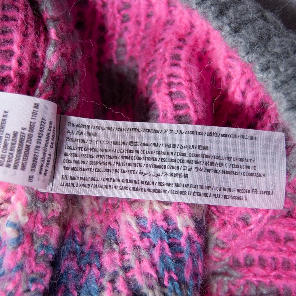 Hollister Mock Neck Fair Isle Knit Sweater Gray Hot Pink Blue Size L - Picture 8 of 9